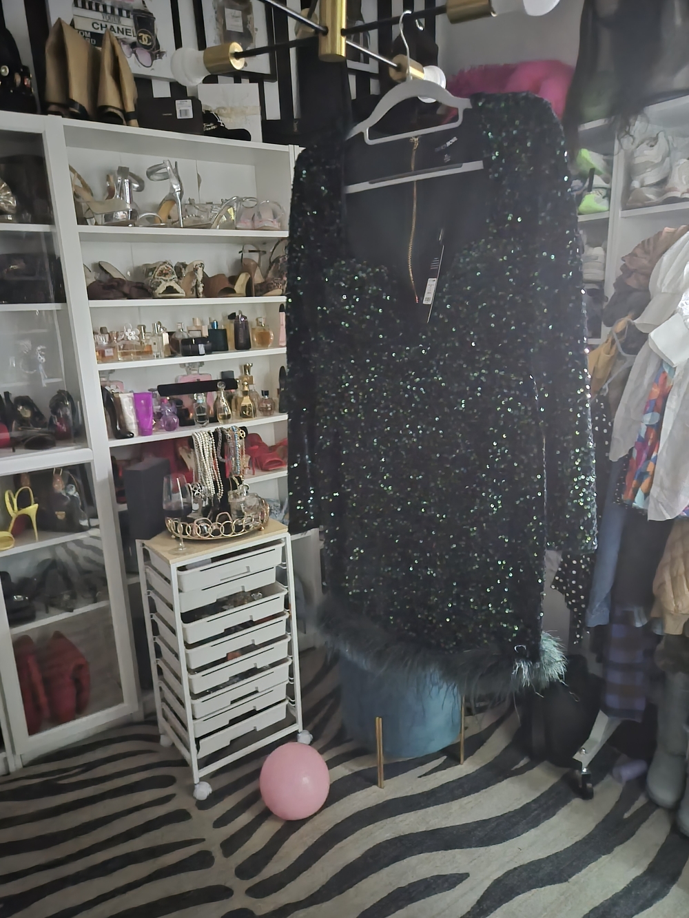 Fashion Nova Black Mini Dress with Green Iridescent Sequin & Feather Trim